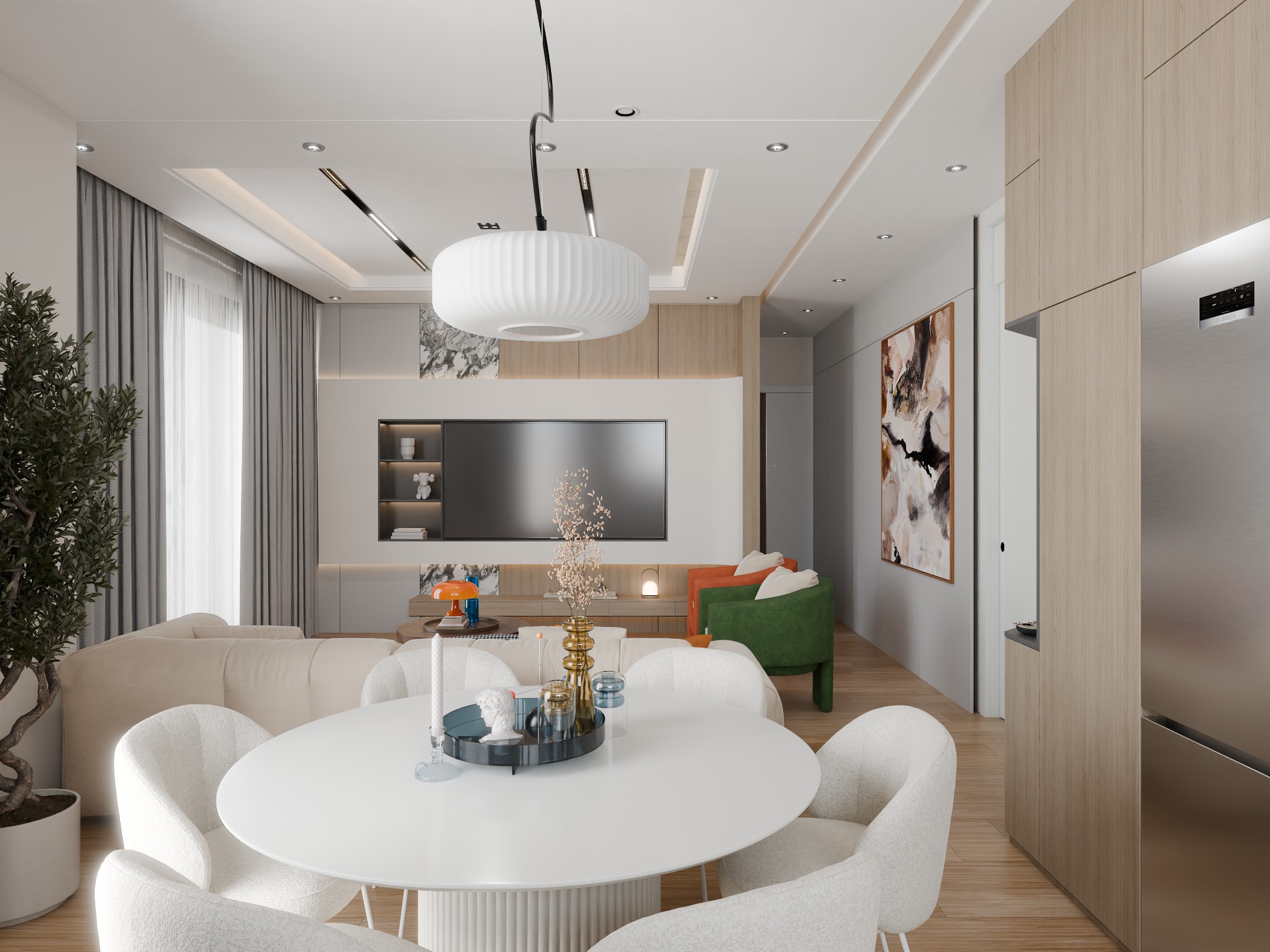 Modern Living room design with Brown, orange and green accents
